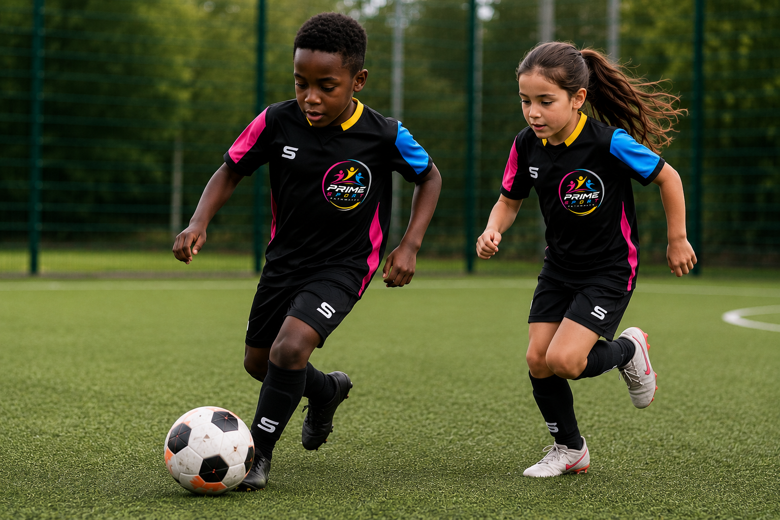 Children playing football in Prime Sport Pathways kit