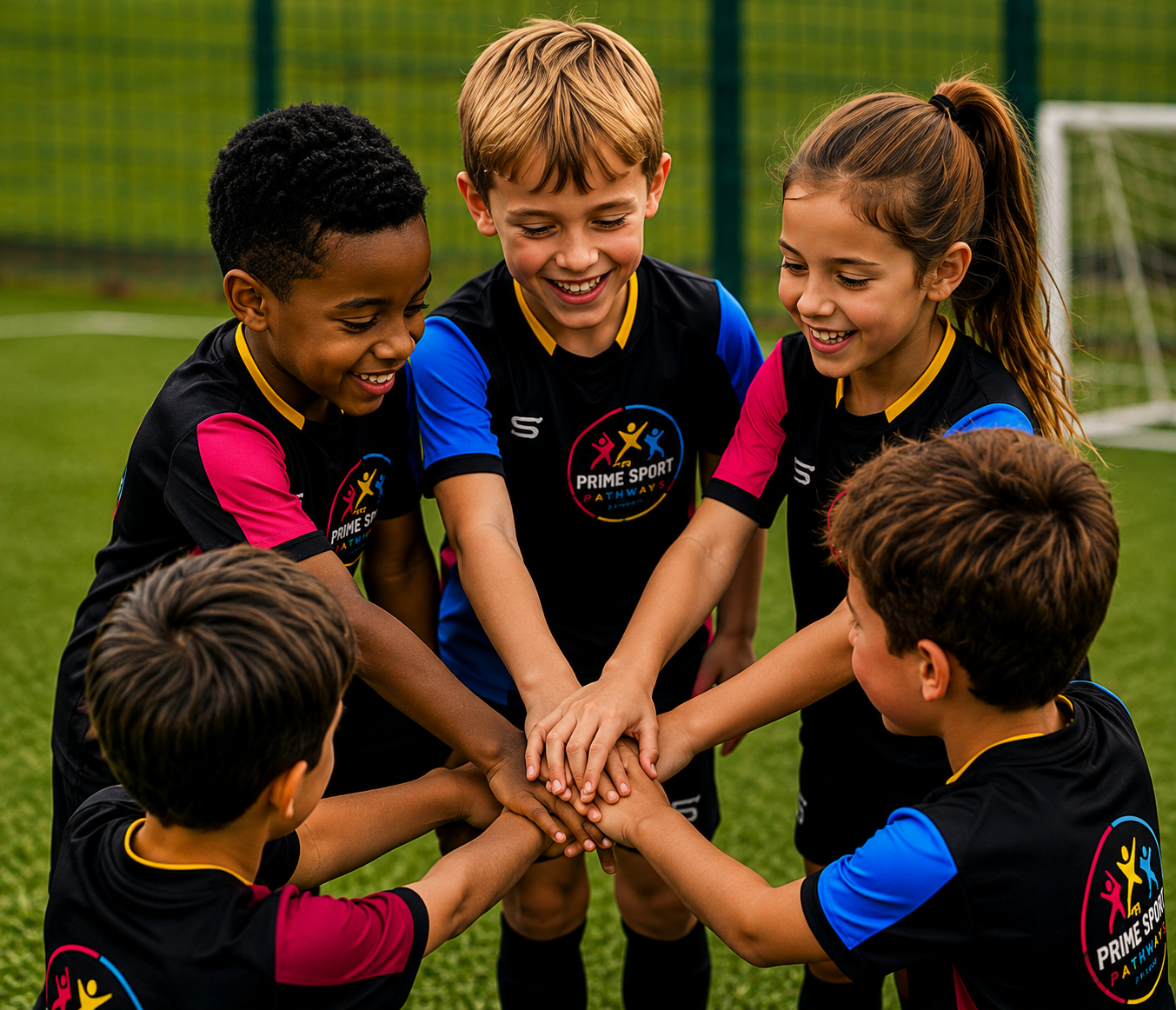 Prime Sport Pathways teammates joining hands in the centre circle